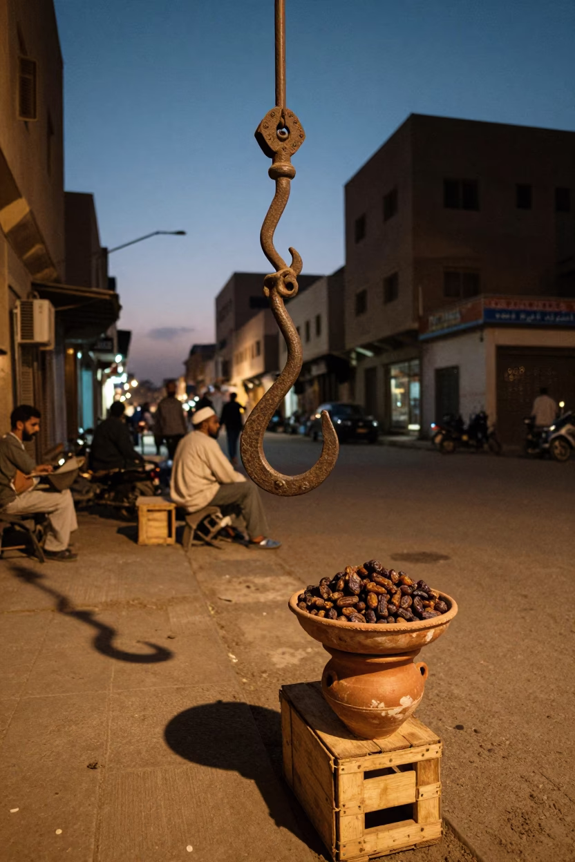 Twilight Street Scene in Cairo Egypt with Iron Hook and Terracotta Bowl in in Cairo, Egypt