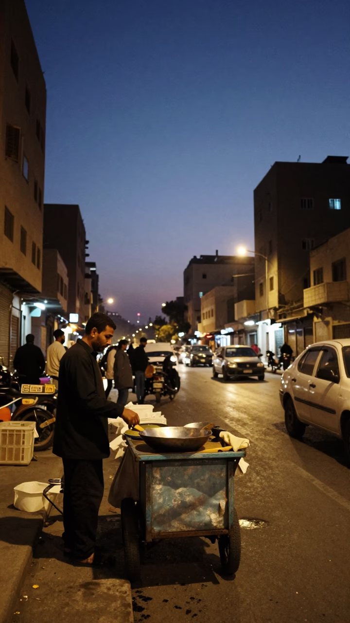 Twilight Street Scene in Cairo Egypt with Local Vendor and Urban Details in in Cairo, Egypt