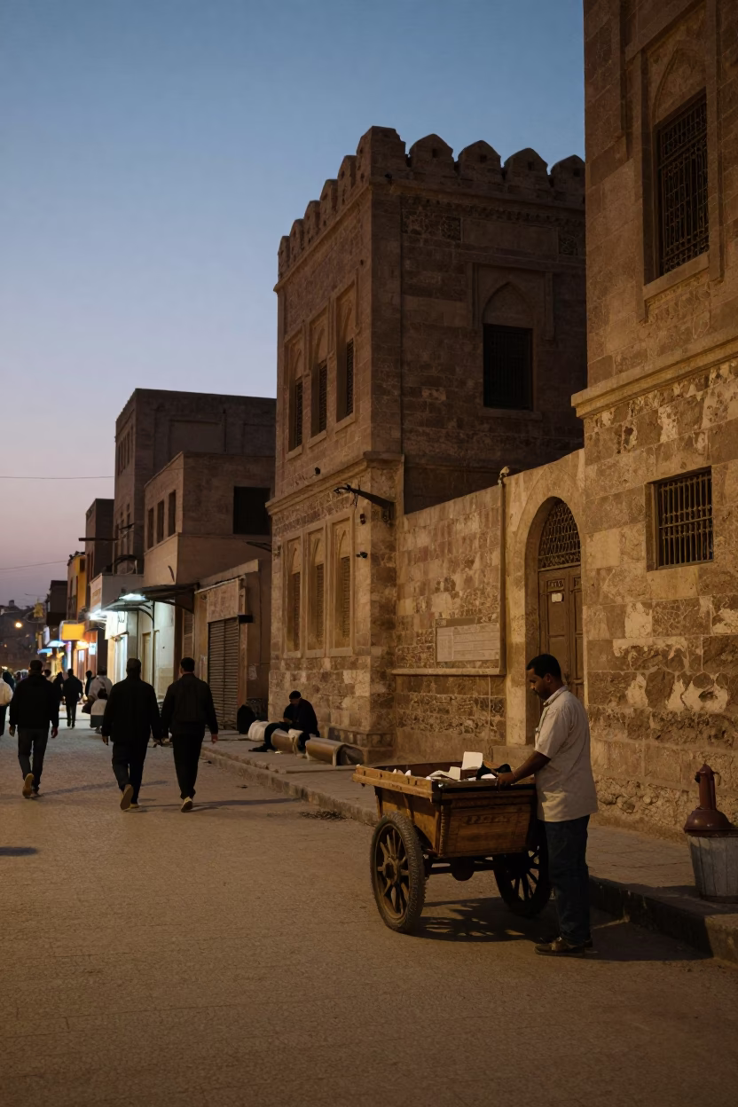 Twilight Street Scene in Cairo Egypt with Stone Architecture and Local Market Activity in in Cairo, Egypt