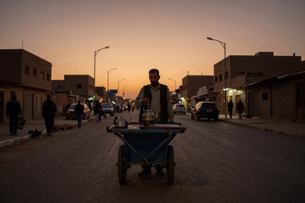 Twilight Street Scene in Cairo Egypt with Tea Kettle and Folding Stools in in Cairo, Egypt