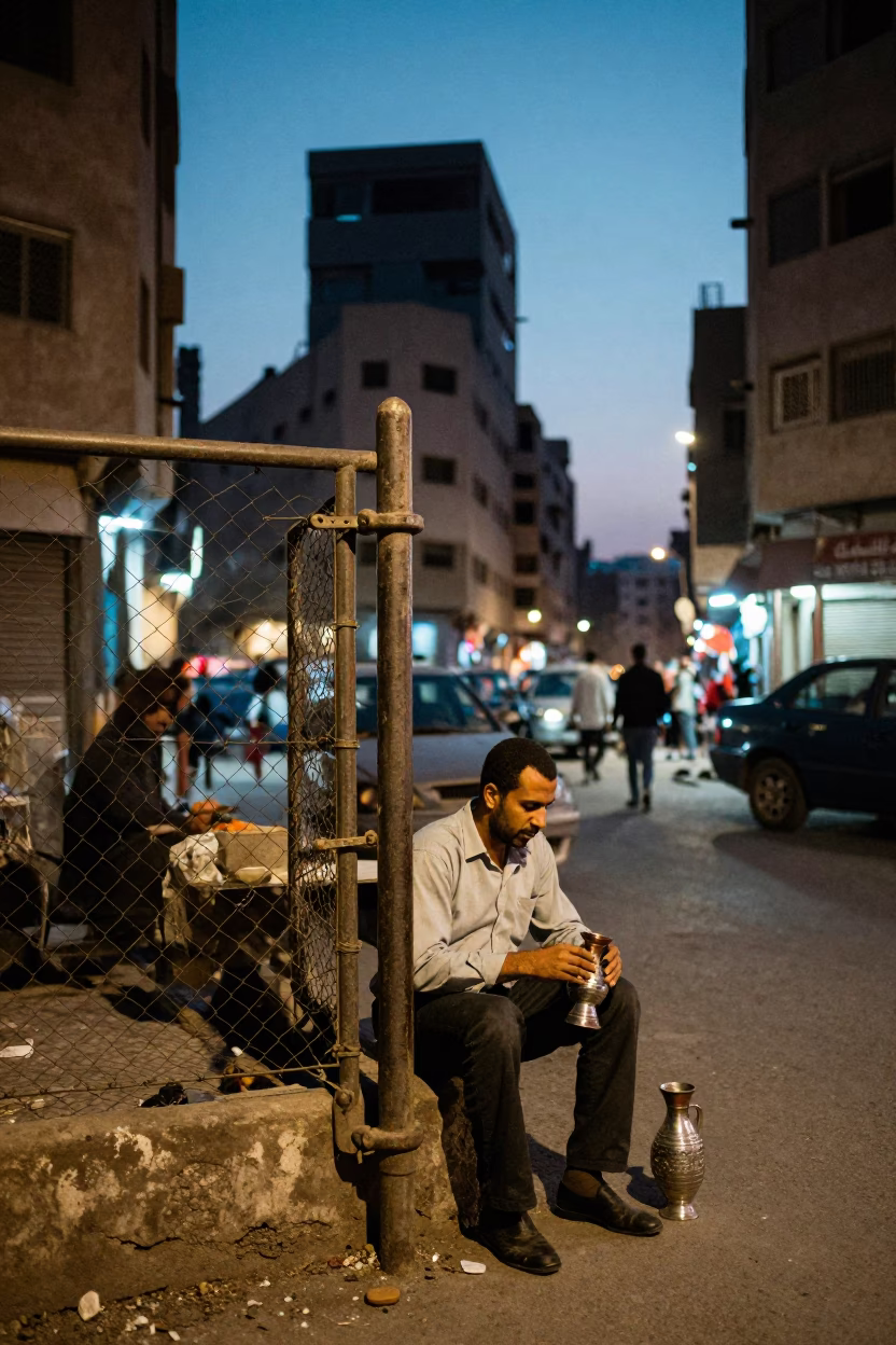 Twilight Street Scene in Cairo Egypt with Turnbuckle and Drinking Vessel in in Cairo, Egypt