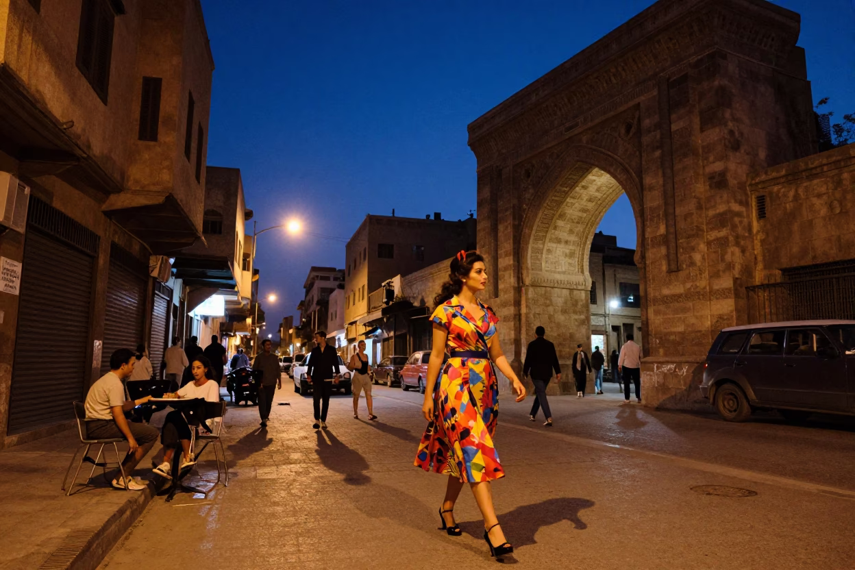 Twilight Street Scene in Cairo Egypt with Vintage 1950s Fashion and Local Life in in Cairo, Egypt