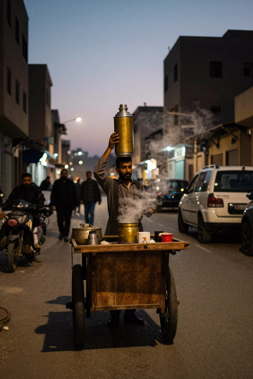 Twilight Street Scene in Cairo Egypt with Vintage Thermos and Local Tea Service in in Cairo, Egypt