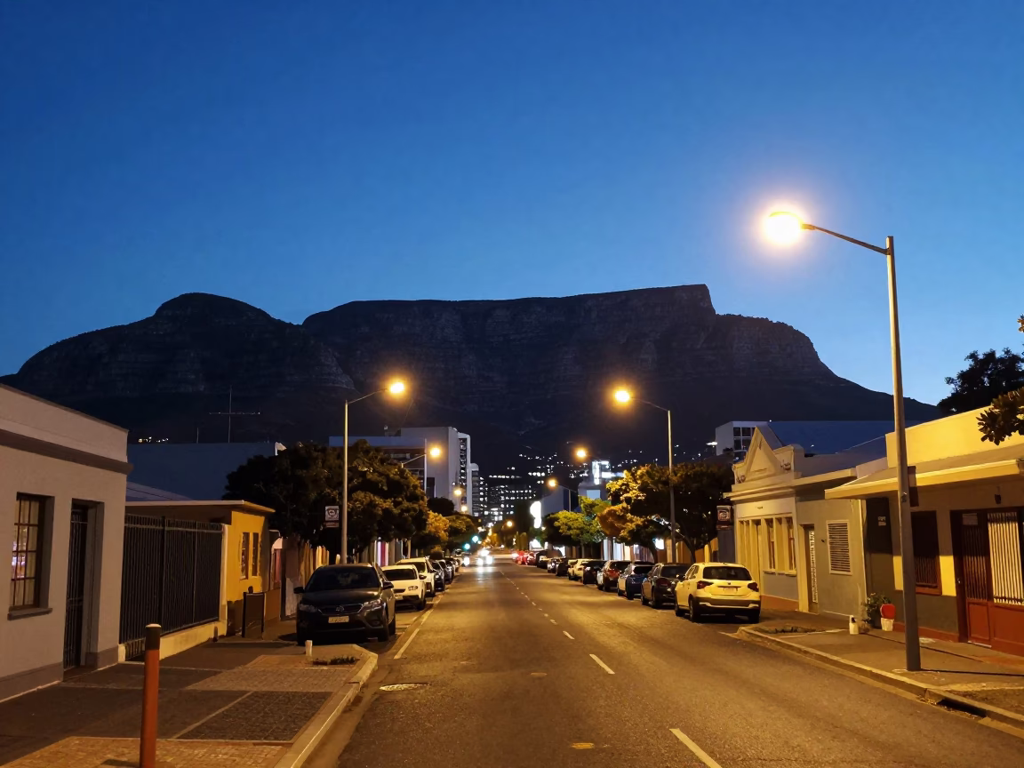 Twilight Street Scene in Cape Town South Africa with Night Lights and Urban Details in in Cape Town, South Africa