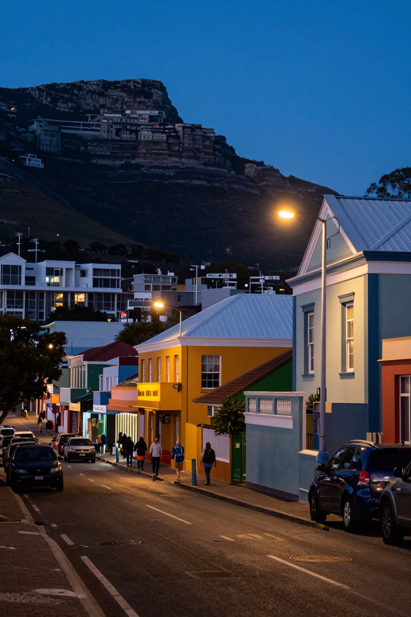 Twilight street scene in Cape Town with colorful shop signs and pedestrians in in Cape Town, South Africa