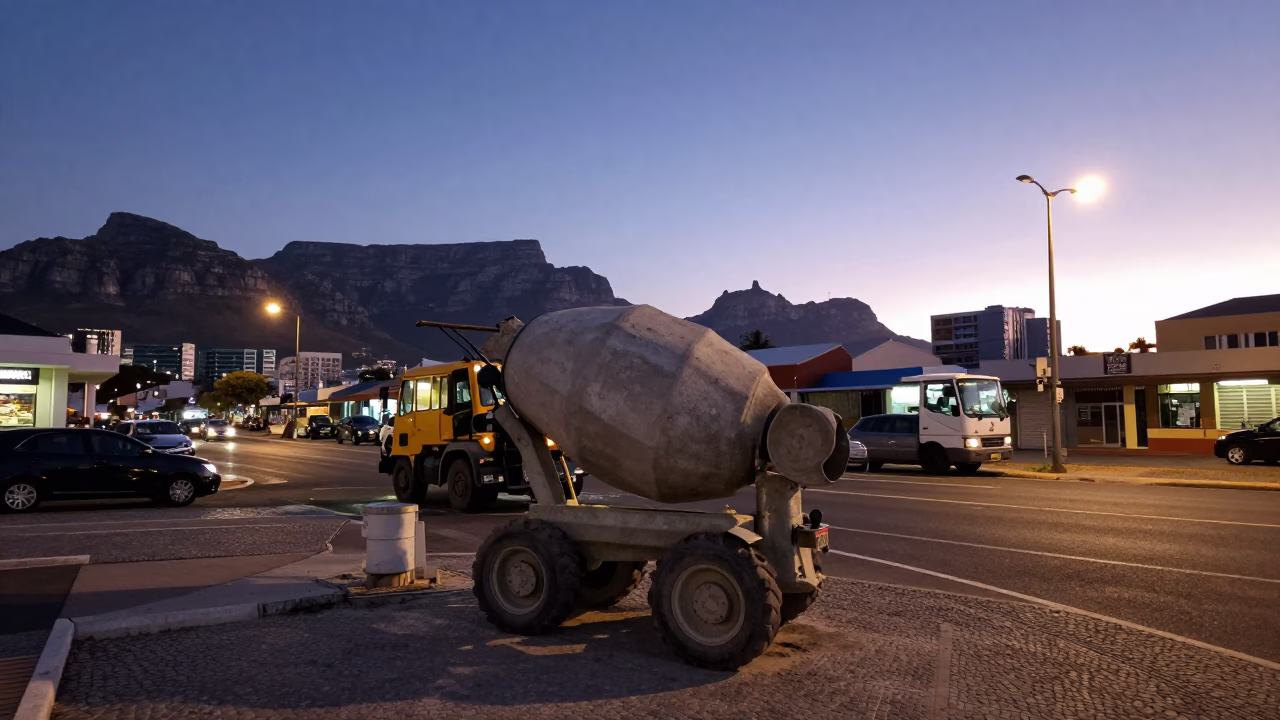Twilight Street Scene in Cape Town with Construction Mixer and Local Activity in in Cape Town, South Africa
