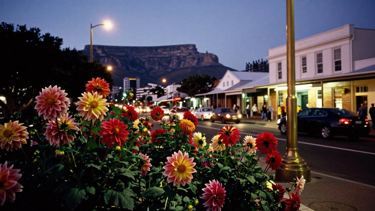 Twilight Street Scene in Cape Town with Dahlia Garden and Brass Details in in Cape Town, South Africa
