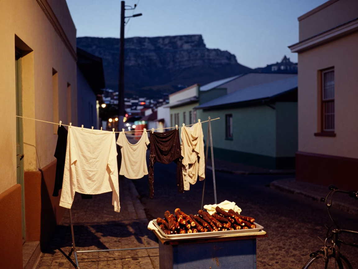 Twilight Street Scene in Cape Town with Drying Rack and Local Market Goods in in Cape Town, South Africa