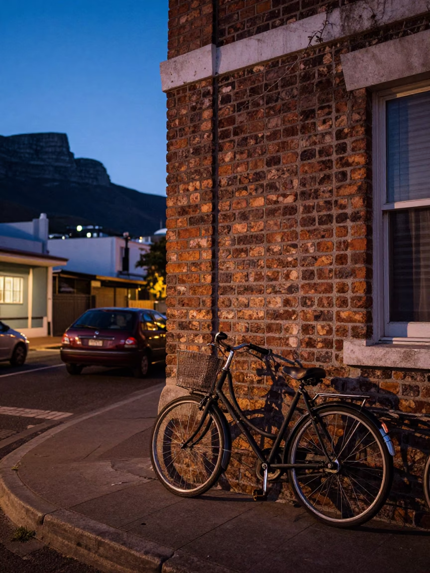 Twilight Street Scene in Cape Town with Vintage Bicycle and Urban Details in in Cape Town, South Africa