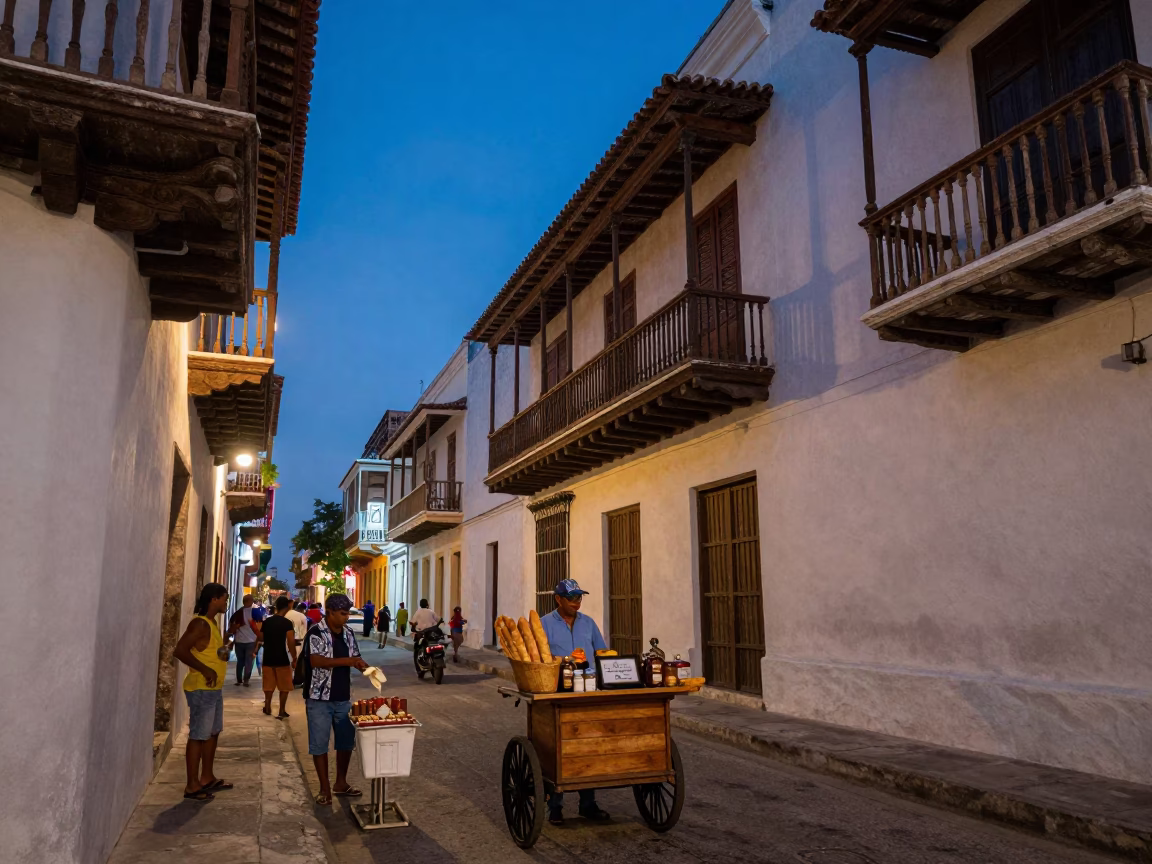 Twilight Street Scene in Cartagena Colombia with Baguettes and Apothecary Jar in in Cartagena, Colombia