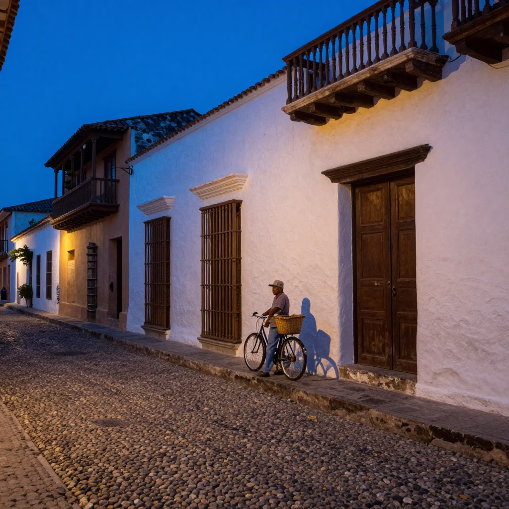 Twilight Street Scene in Cartagena Colombia with Bicycle Basket and Cobblestone Architecture in in Cartagena, Colombia