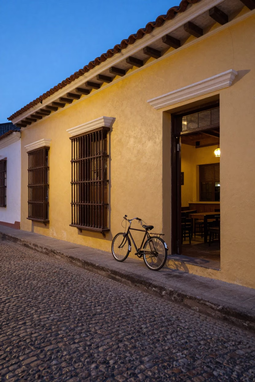 Twilight street scene in Cartagena Colombia with bicycle leaning against colonial cafe wall in in Cartagena, Colombia