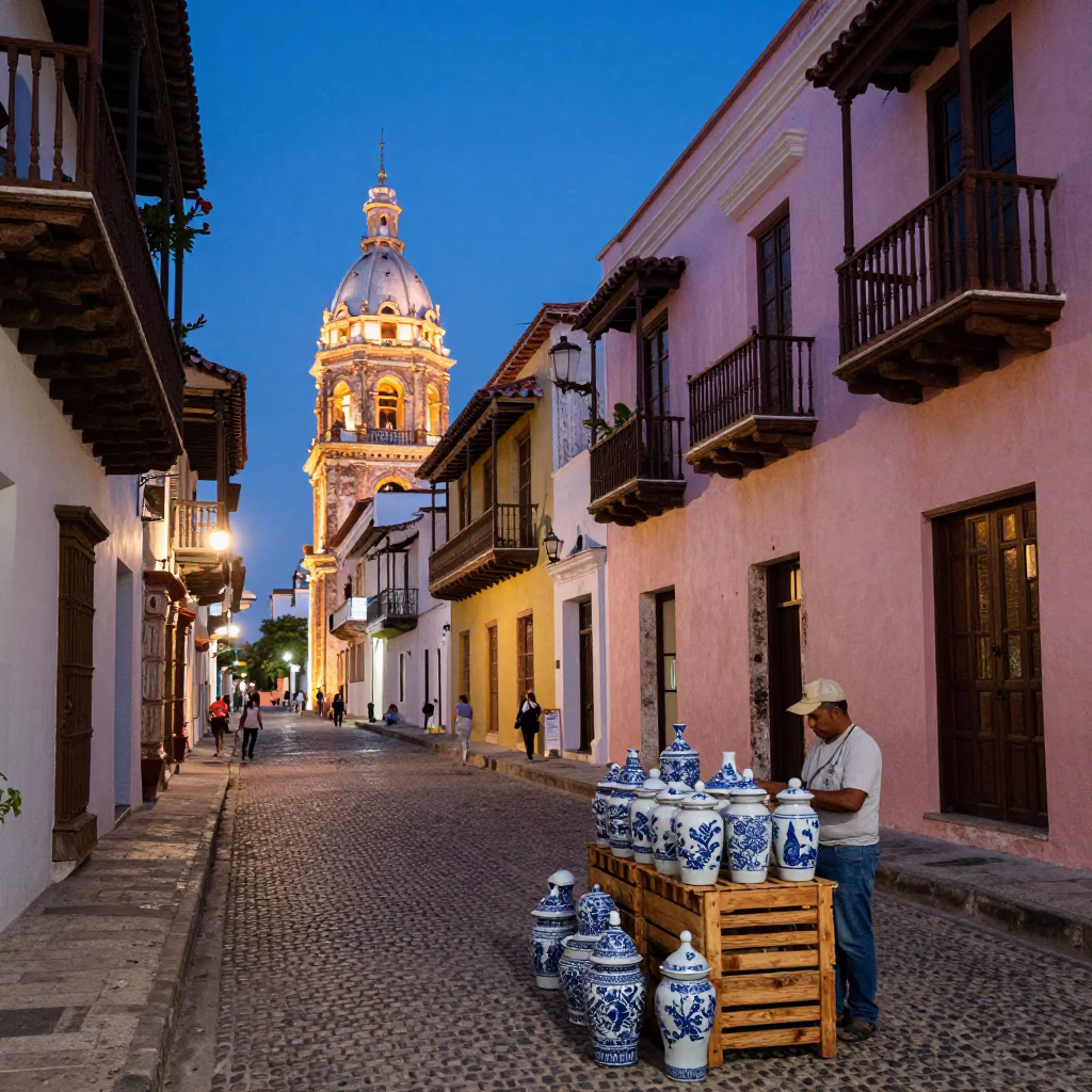Twilight Street Scene in Cartagena Colombia with Blue Porcelain and Wicker Shadows in in Cartagena, Colombia