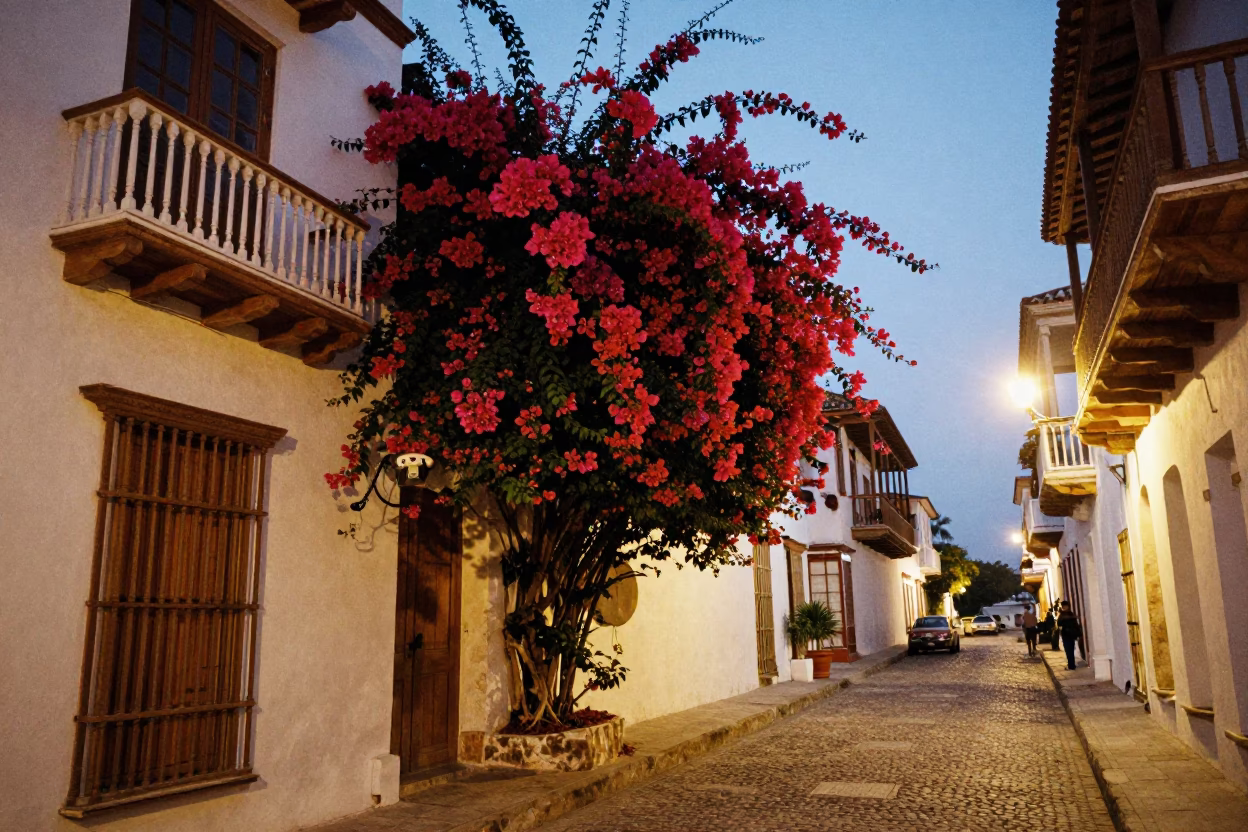 Twilight Street Scene in Cartagena Colombia with Bougainvillea and Vintage Telephone in in Cartagena, Colombia