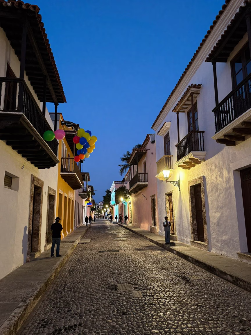 Twilight Street Scene in Cartagena Colombia with Colorful Balloons and Cobblestone in in Cartagena, Colombia