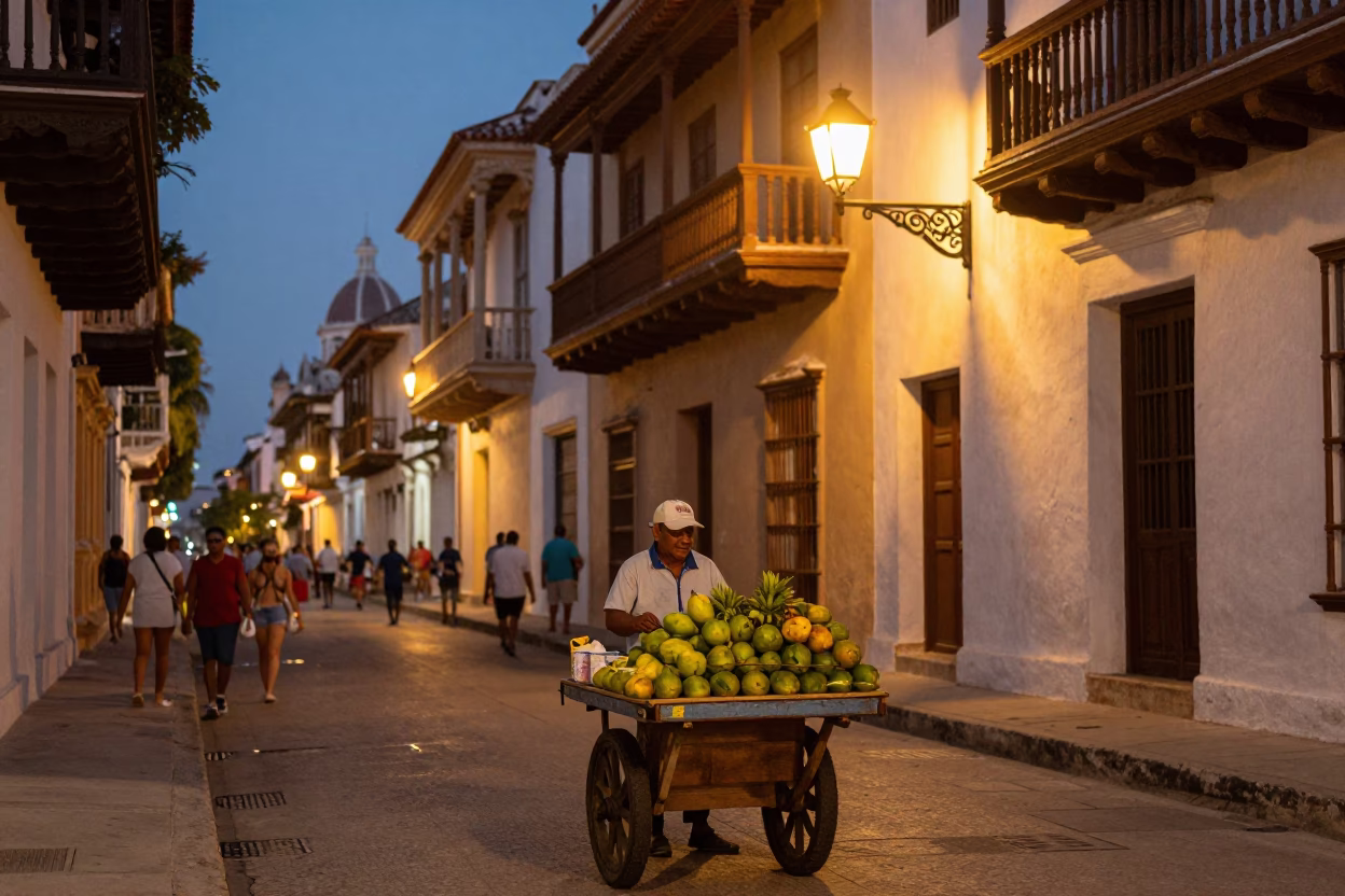 Twilight Street Scene in Cartagena Colombia with Fruit Vendor and Colonial Architecture in in Cartagena, Colombia