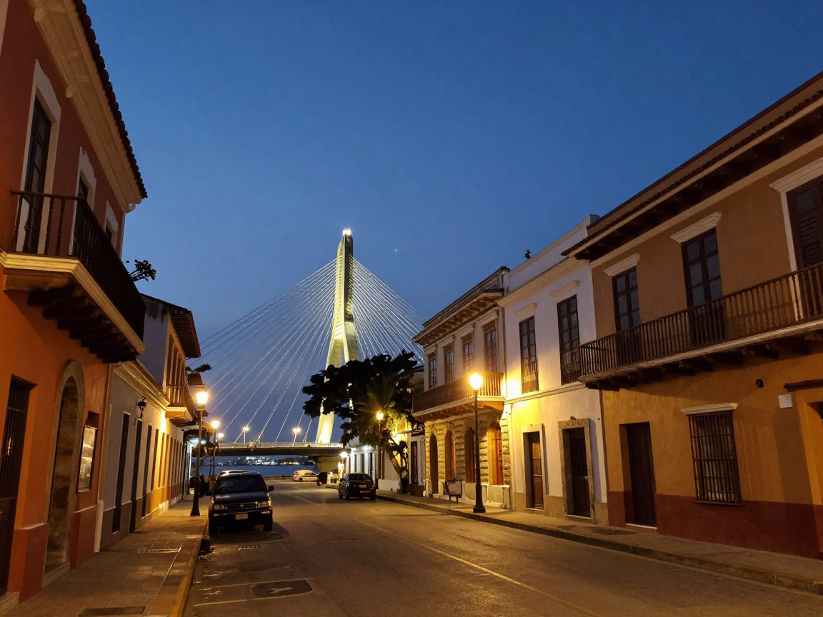 Twilight street scene in Cartagena Colombia with illuminated cable-stayed bridge and local vendor in in Cartagena, Colombia