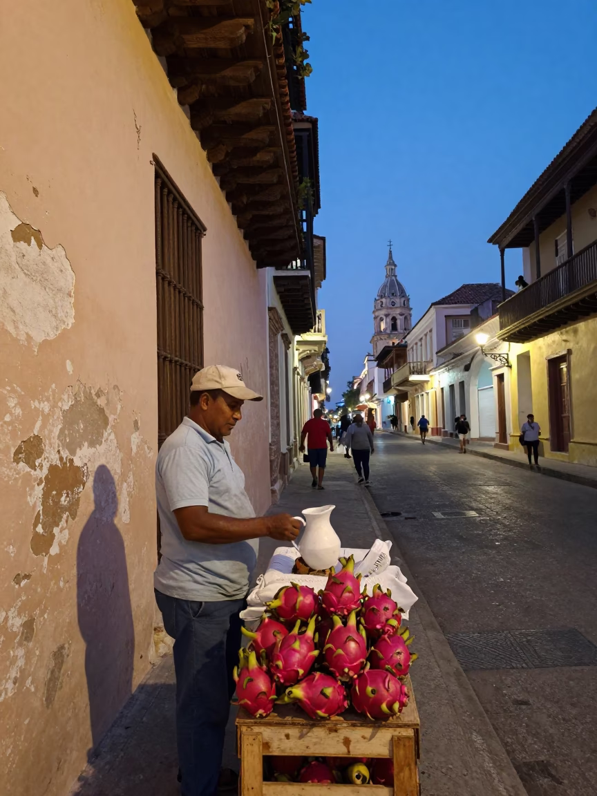 Twilight Street Scene in Cartagena Colombia with Local Vendor and Pitcher in in Cartagena, Colombia