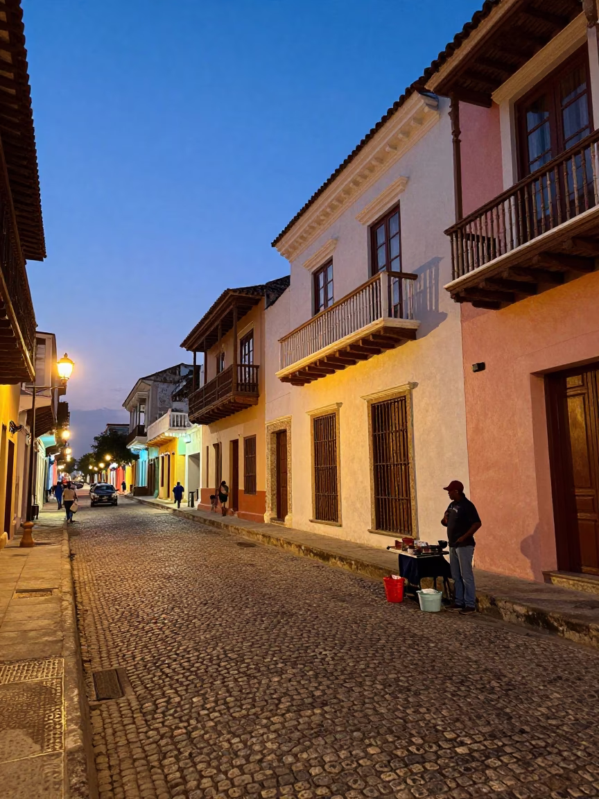 Twilight Street Scene in Cartagena Colombia with Local Vendor and Urban Details in in Cartagena, Colombia