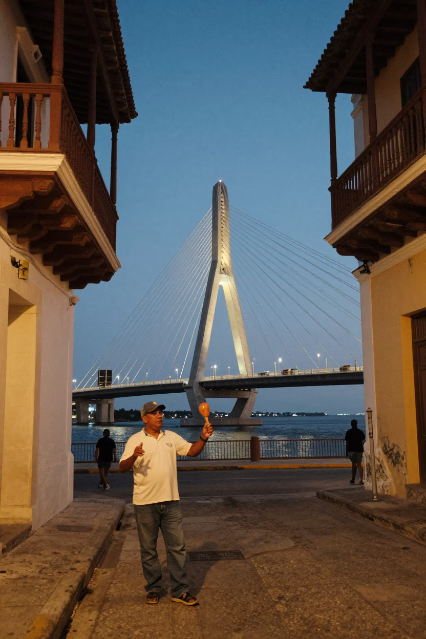 Twilight Street Scene in Cartagena Colombia with Maraca and Cable Stayed Bridge in in Cartagena, Colombia