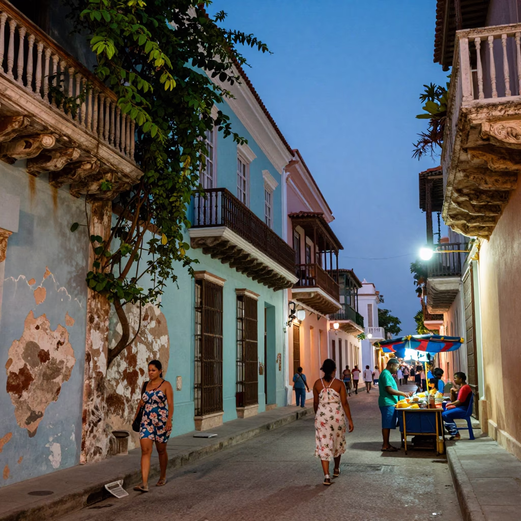 Twilight Street Scene in Cartagena Colombia with Passion Flower and Weathered Architecture in in Cartagena, Colombia
