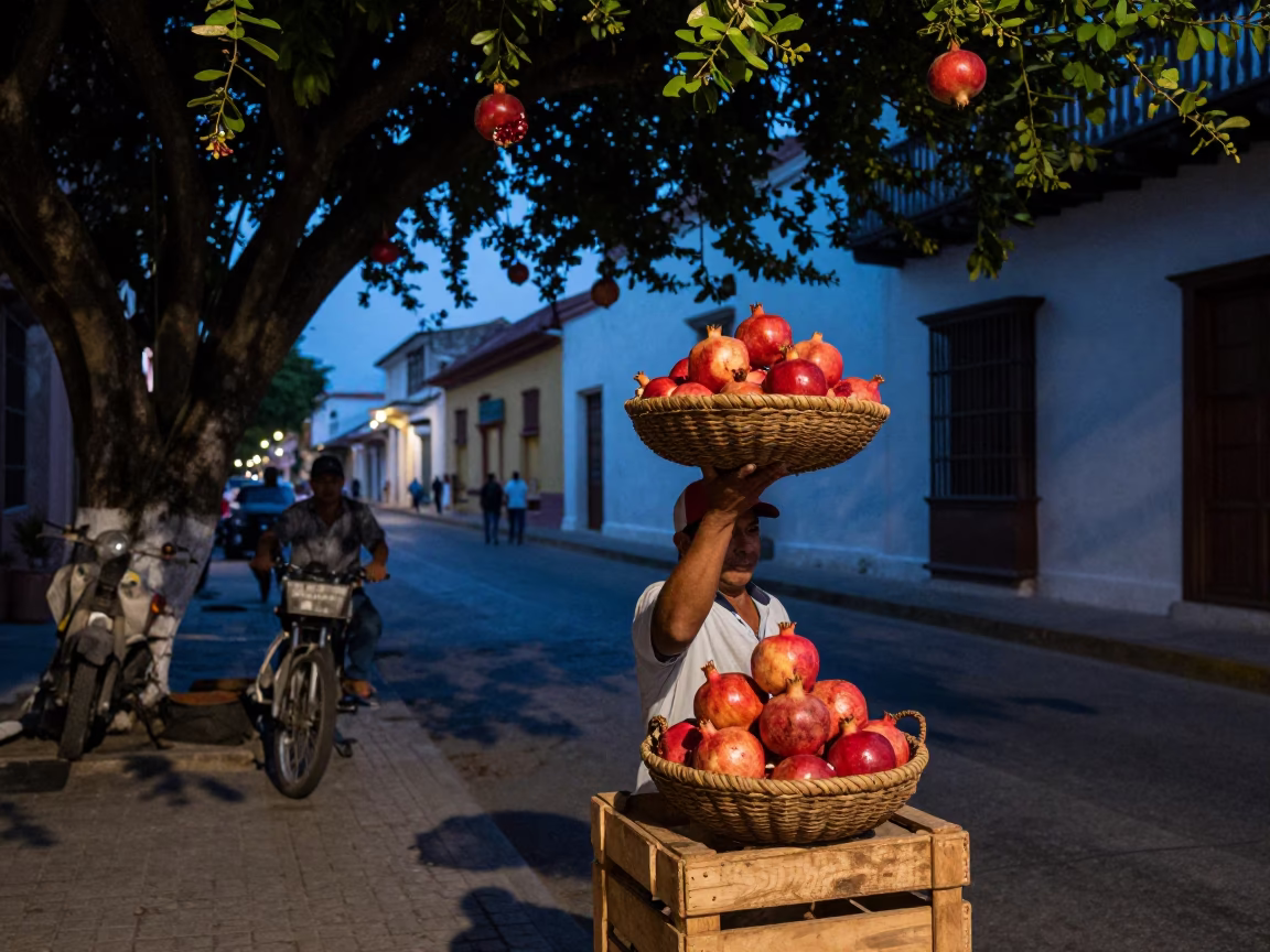 Twilight Street Scene in Cartagena Colombia with Pomegranate and Tree Shadows in in Cartagena, Colombia