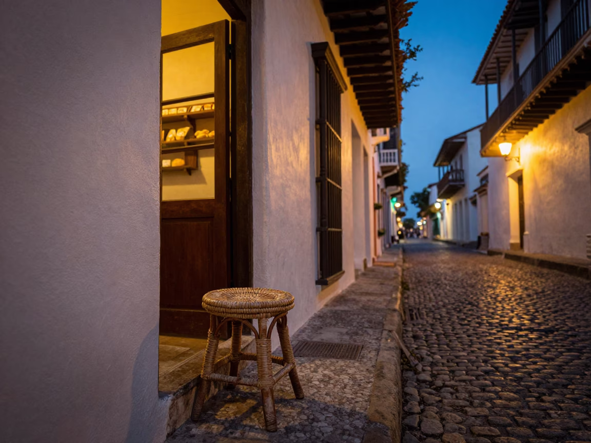 Twilight Street Scene in Cartagena Colombia with Rattan Stool and Colonial Balcony in in Cartagena, Colombia
