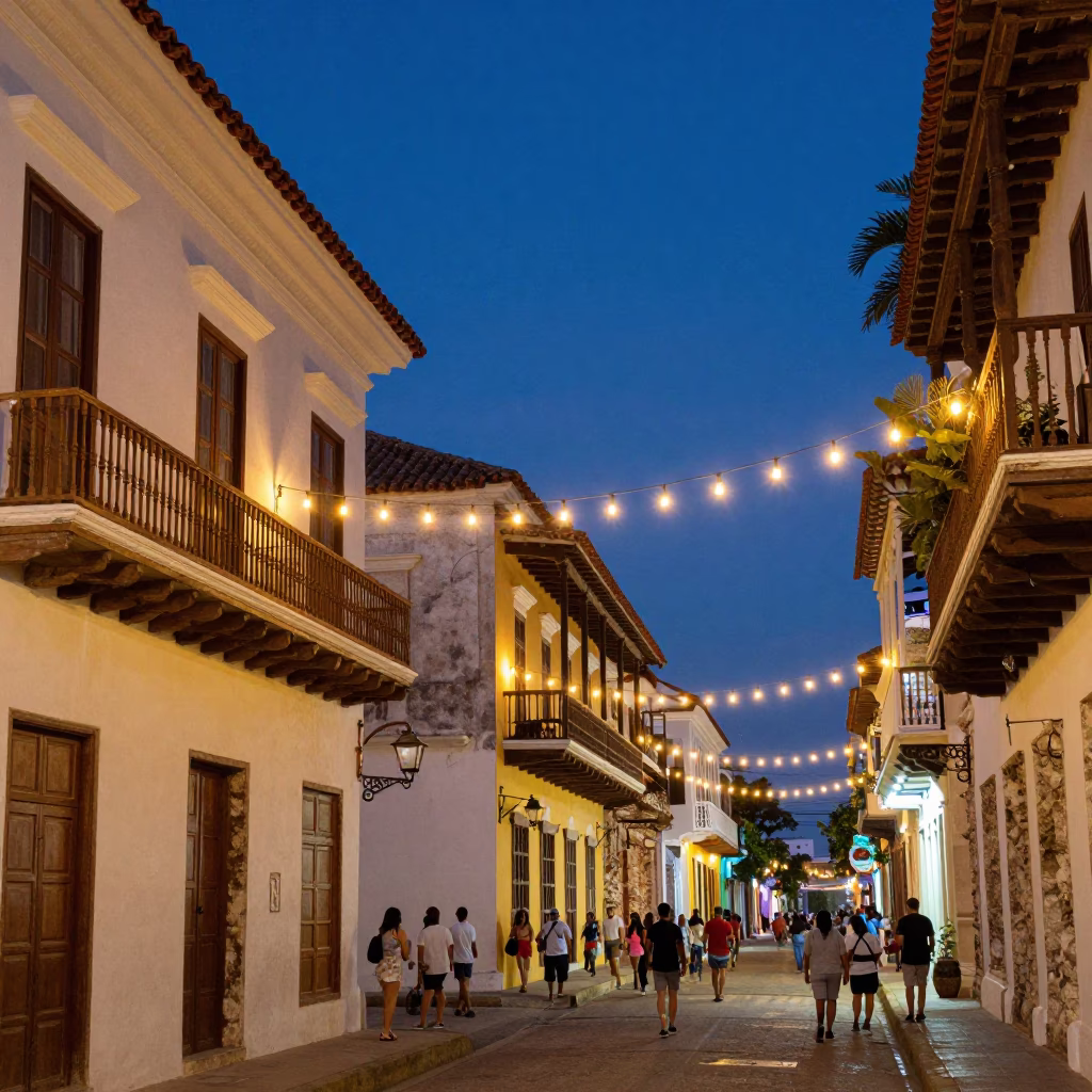 Twilight Street Scene in Cartagena Colombia with String Lights and Colonial Architecture in in Cartagena, Colombia