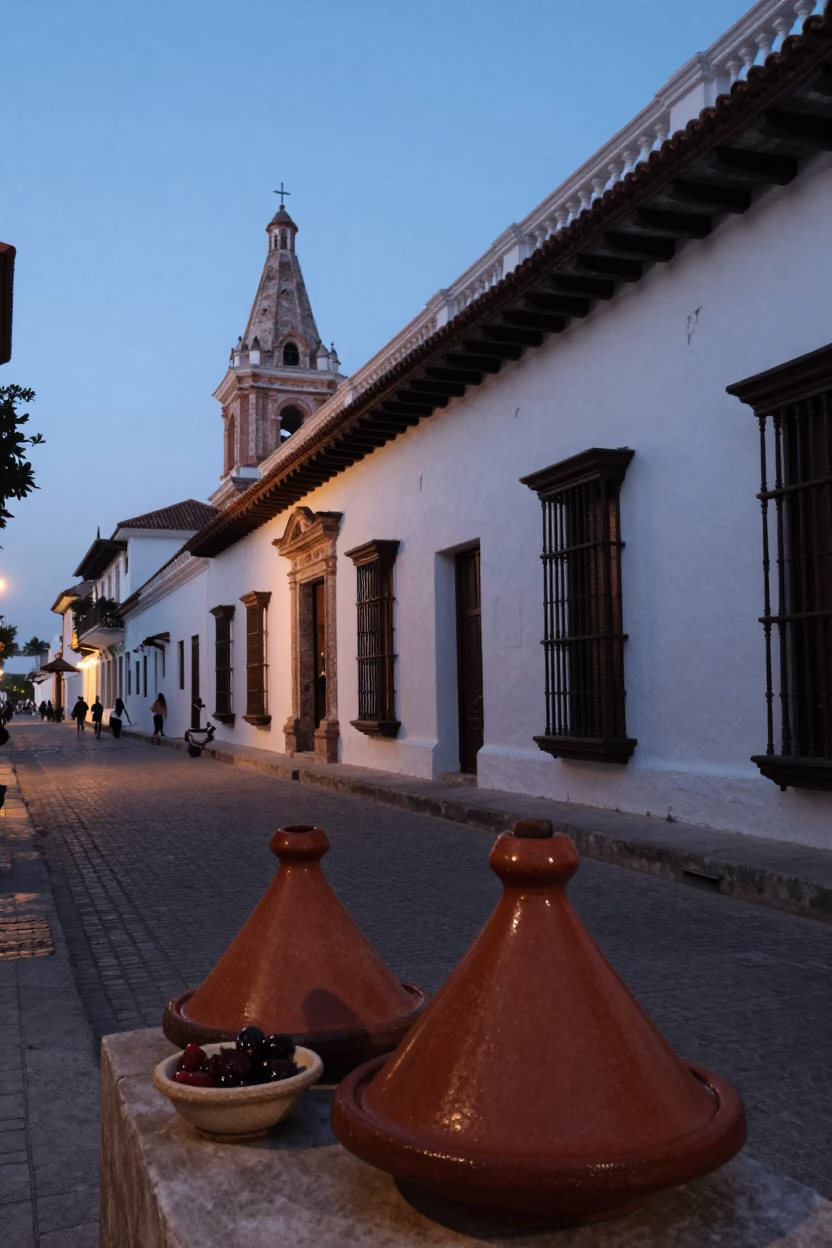 Twilight Street Scene in Cartagena Colombia with Traditional Tagine and Preserved Lemons in in Cartagena, Colombia