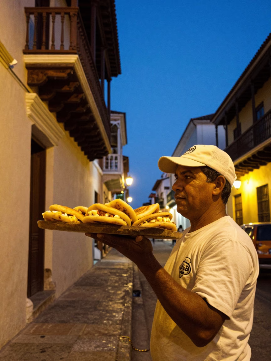 Twilight street scene in Cartagena Colombia with tray of Colombian arepas stuffed with cheese in in Cartagena, Colombia