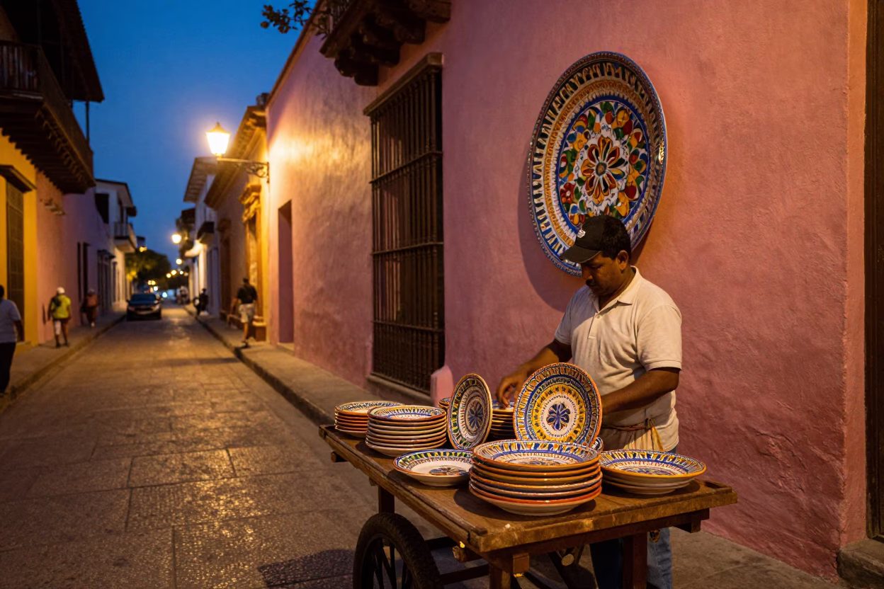 Twilight Street Scene in Cartagena Colombia with Vintage Majolica Plate and Glass Tumbler in in Cartagena, Colombia