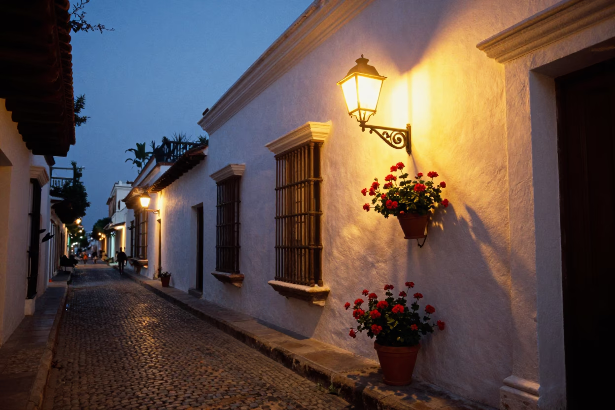 Twilight Street Scene in Cartagena Colombia with Wall Sconce and Potted Geraniums in in Cartagena, Colombia