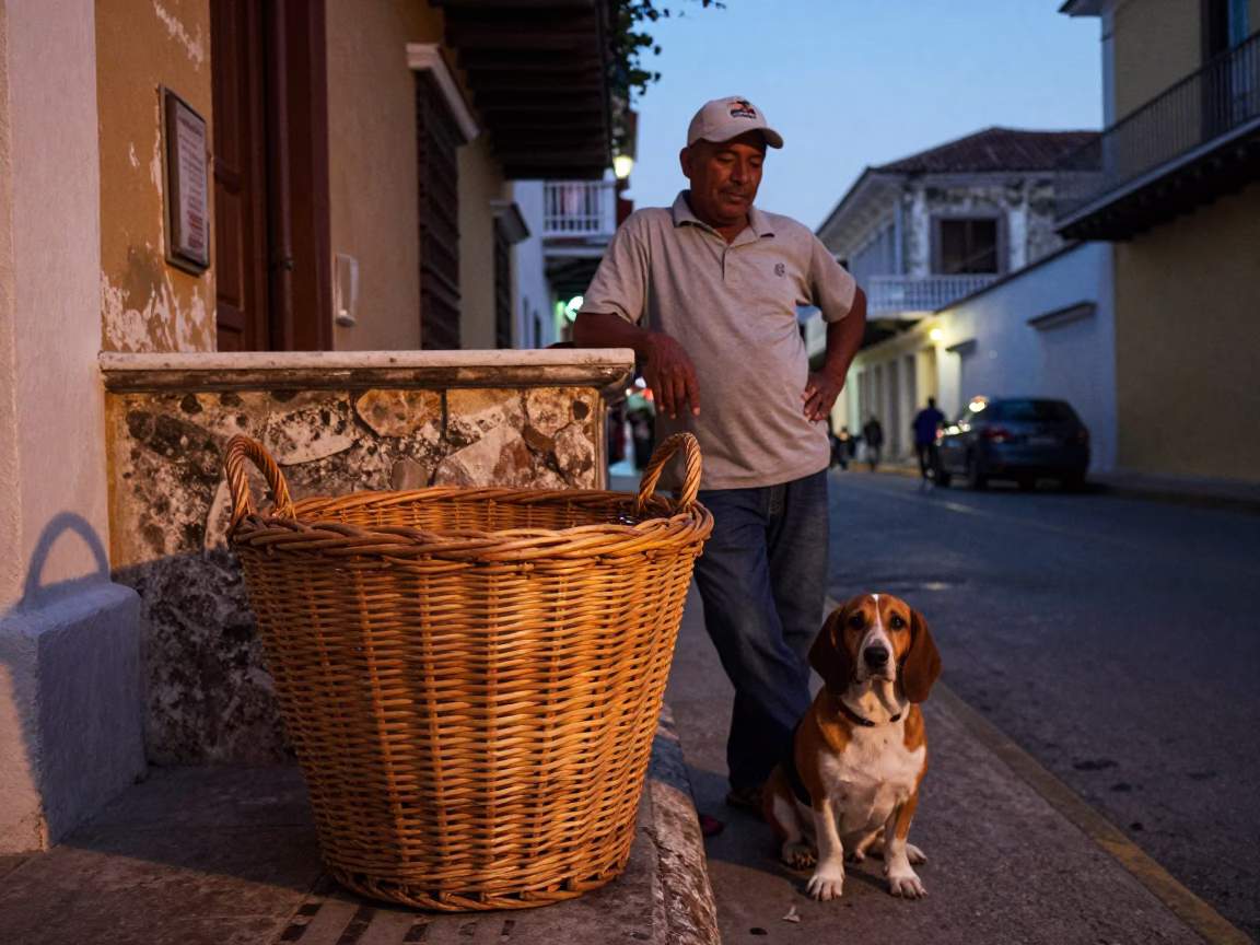 Twilight Street Scene in Cartagena Colombia with Wicker Hamper and Dog in in Cartagena, Colombia