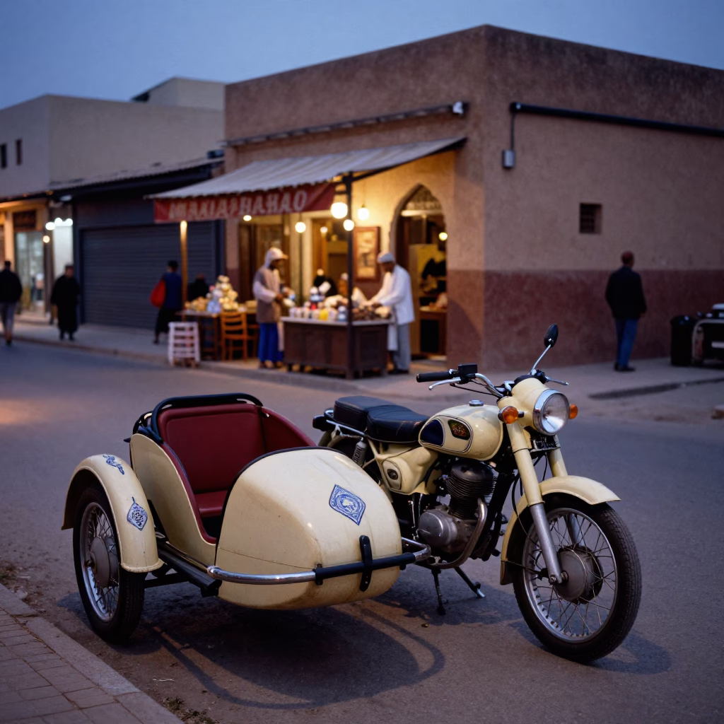 Twilight Street Scene in Casablanca Morocco Vintage Motorcycle Sidecar and Majolica Plate in in Casablanca, Morocco