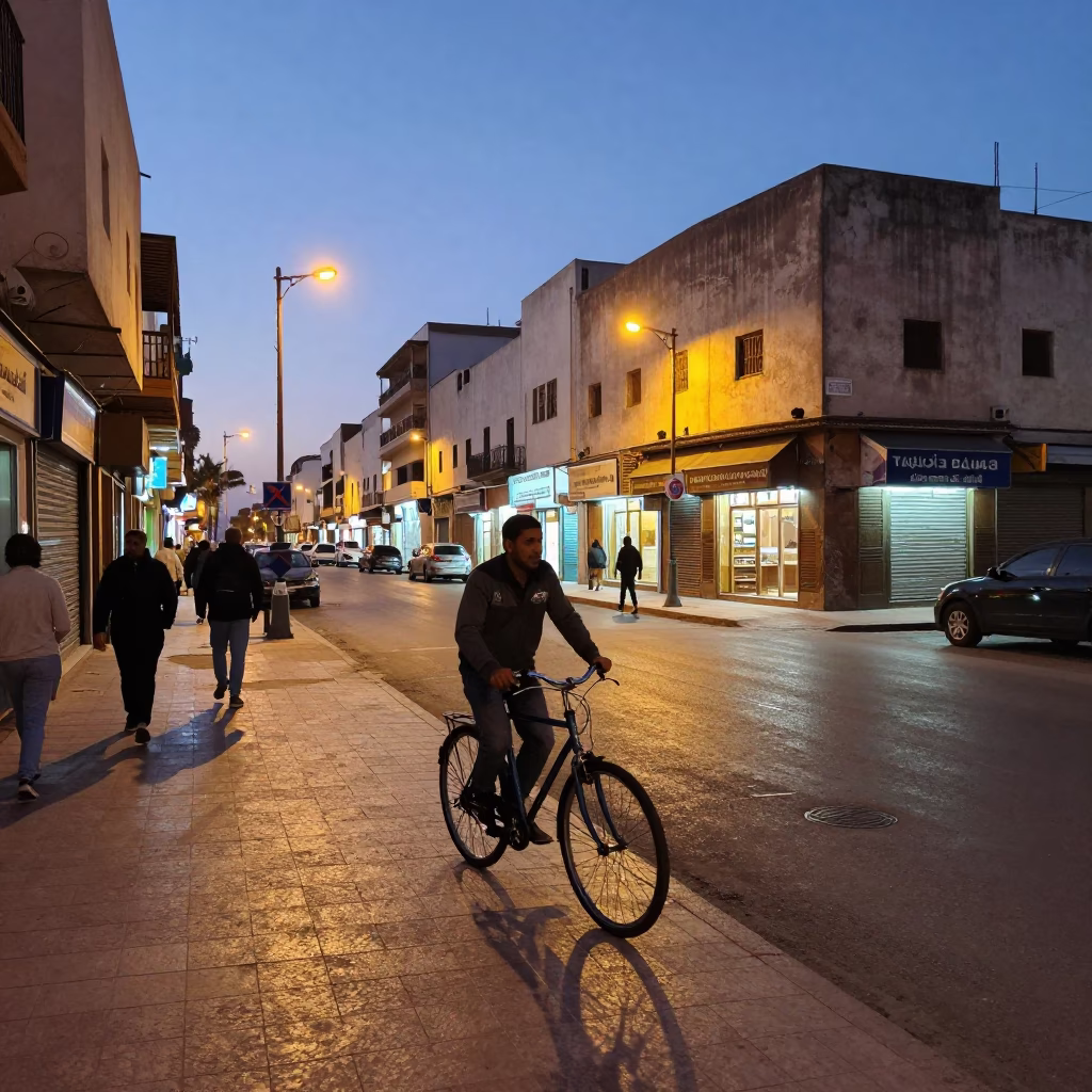 Twilight Street Scene in Casablanca Morocco with Bicycle and Urban Life in in Casablanca, Morocco