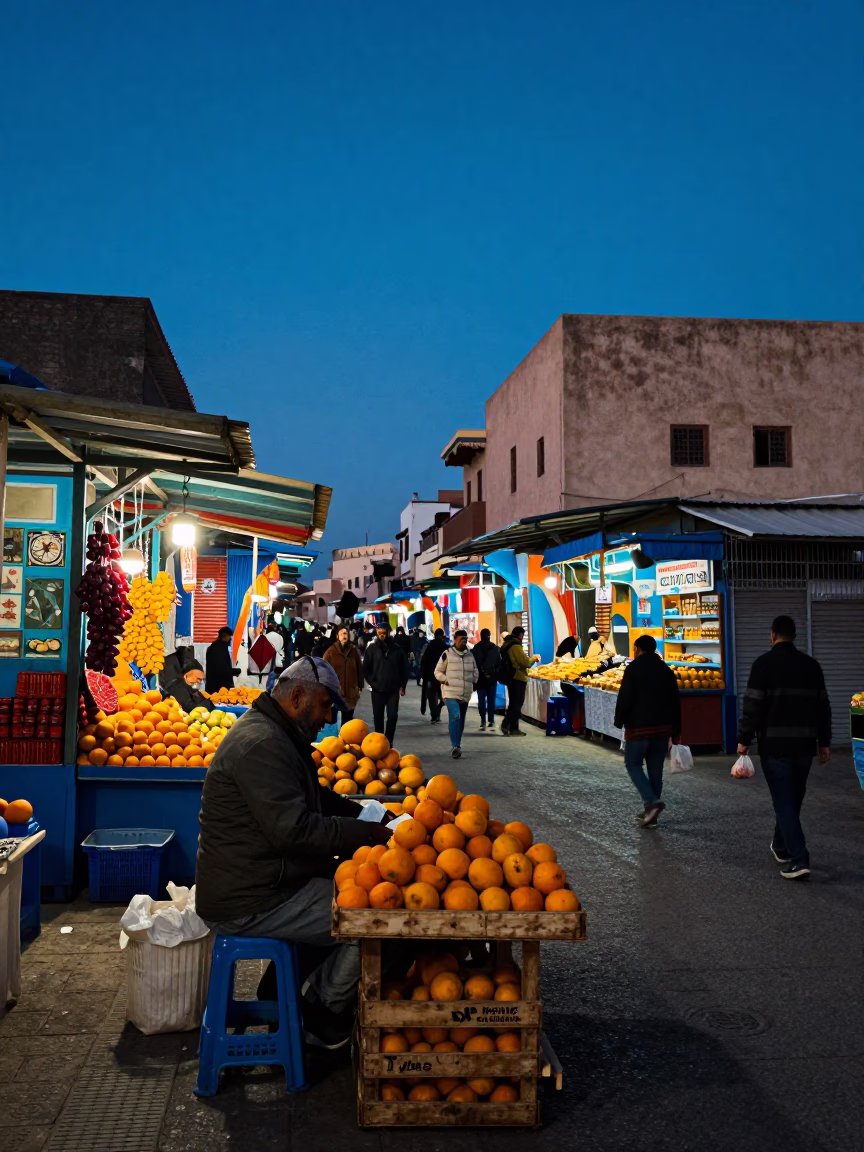 Twilight Street Scene in Casablanca Morocco with Colorful Market Stalls and Local Life in in Casablanca, Morocco