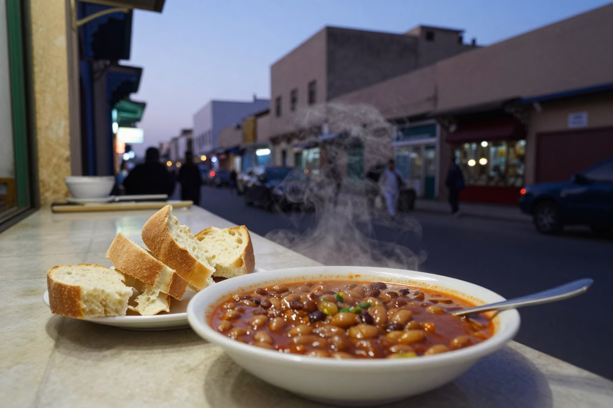Twilight Street Scene in Casablanca Morocco with Food and Urban Life in in Casablanca, Morocco