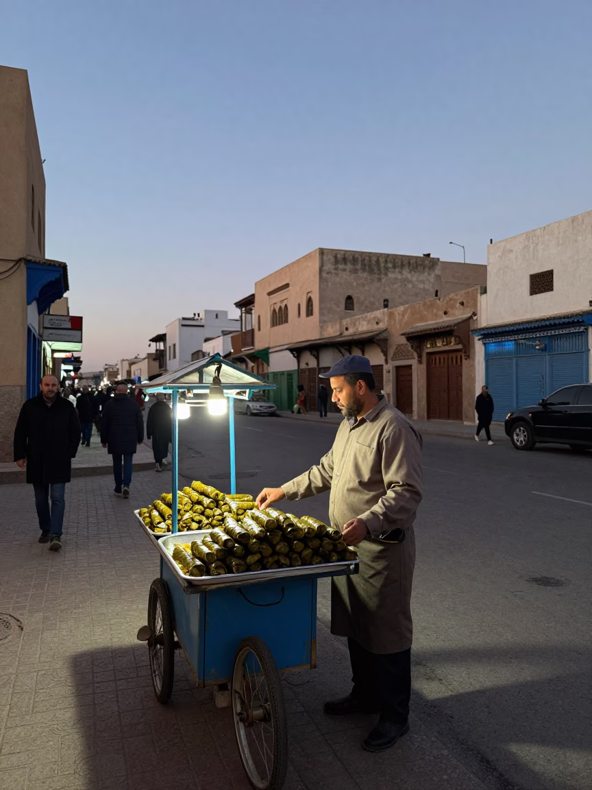 Twilight Street Scene in Casablanca Morocco with Food Vendor and Urban Skyline in in Casablanca, Morocco
