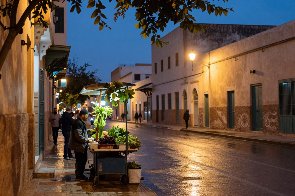 Twilight street scene in Casablanca Morocco with herb vendor and historic architecture in in Casablanca, Morocco