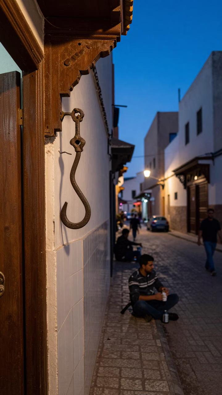 Twilight Street Scene in Casablanca Morocco with Iron Hook and Drinking Vessel in in Casablanca, Morocco