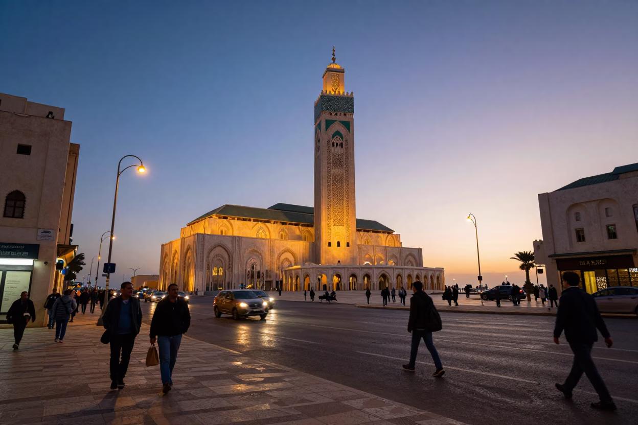 Twilight Street Scene in Casablanca Morocco with Pedestrians and Urban Architecture in in Casablanca, Morocco