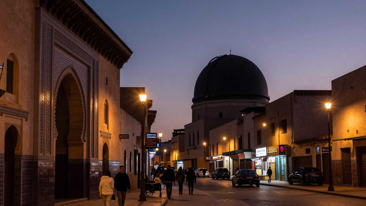 Twilight Street Scene in Casablanca Morocco with Silhouetted Observatory Dome in in Casablanca, Morocco