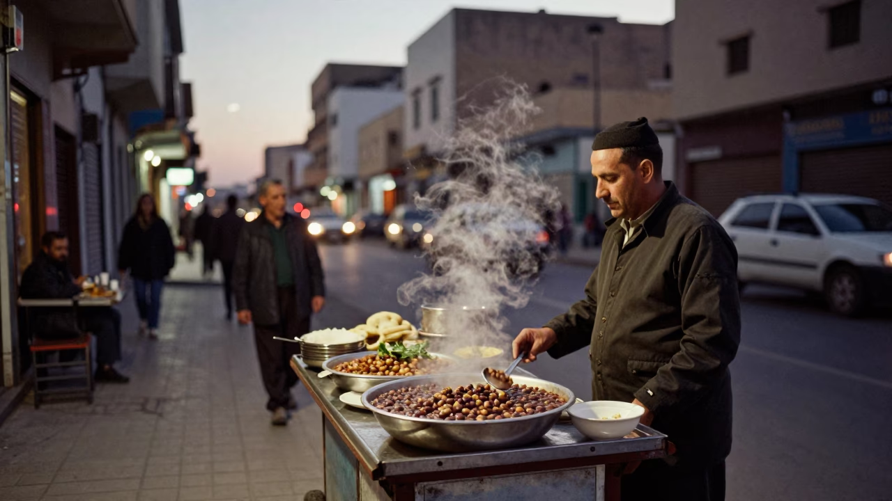 Twilight Street Scene in Casablanca Morocco with Traditional Food and Urban Architecture in in Casablanca, Morocco