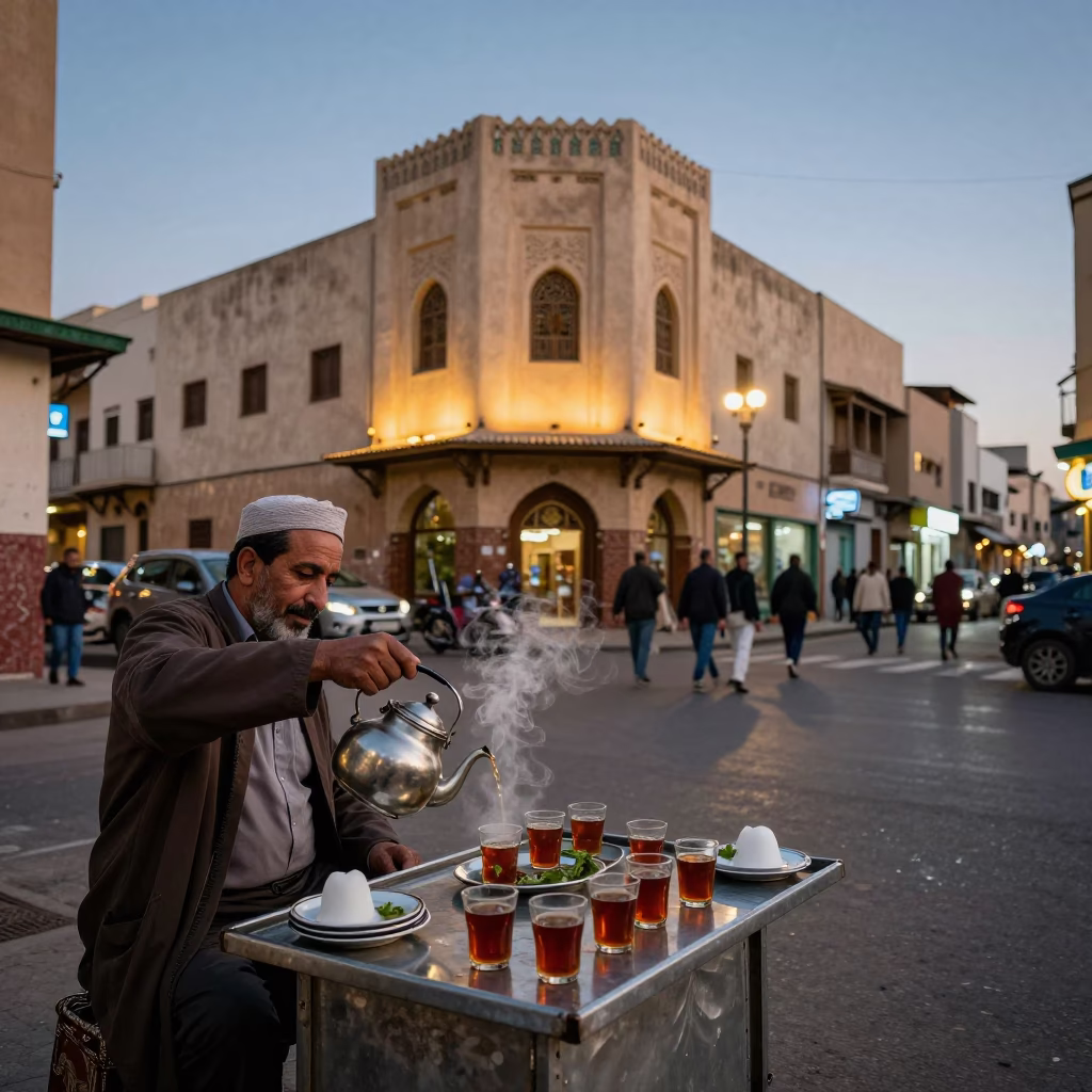 Twilight Street Scene in Casablanca Morocco with Traditional Tea and Local Architecture in in Casablanca, Morocco