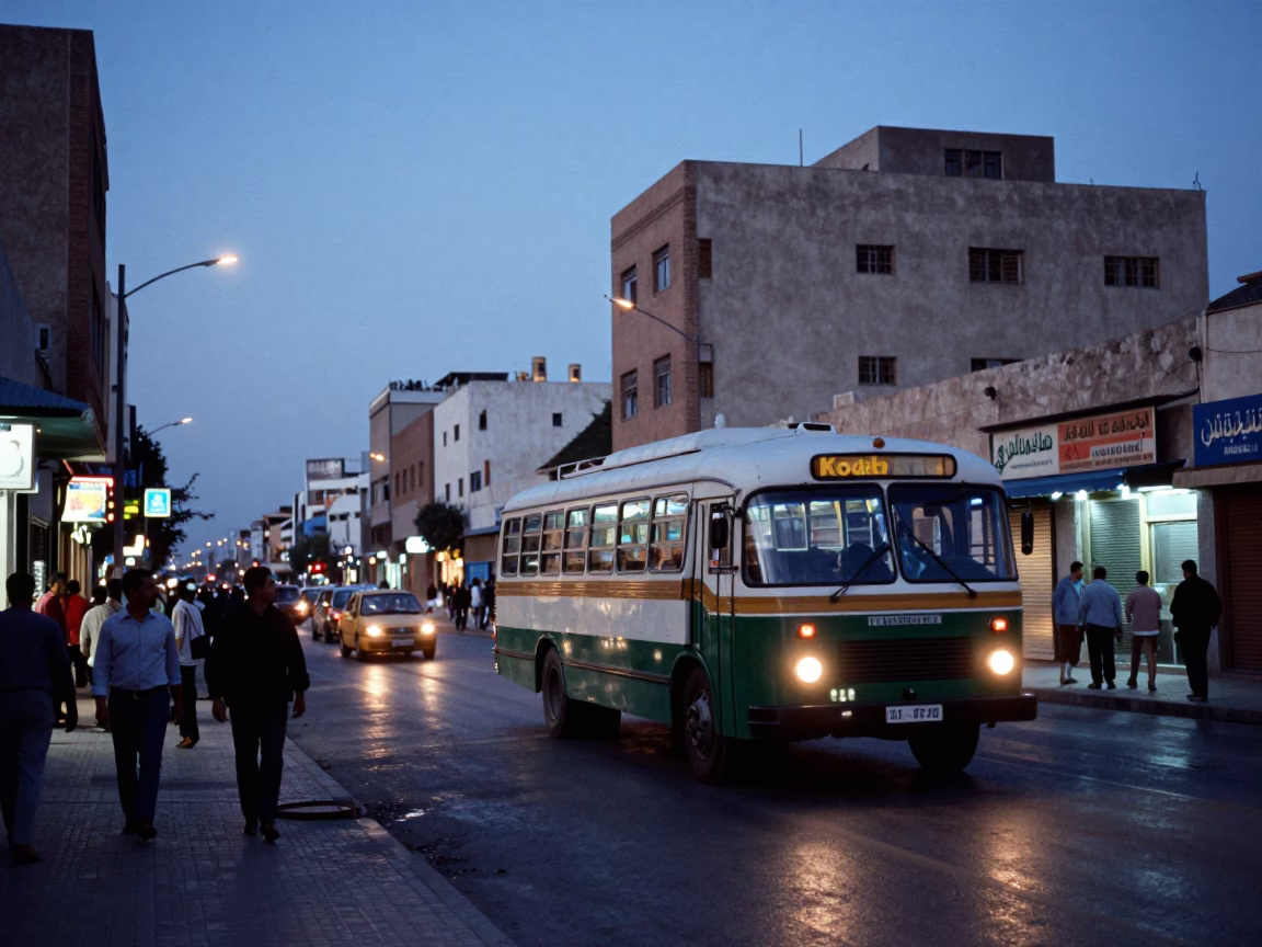 Twilight Street Scene in Casablanca Morocco with Vintage Bus and Local Architecture in in Casablanca, Morocco