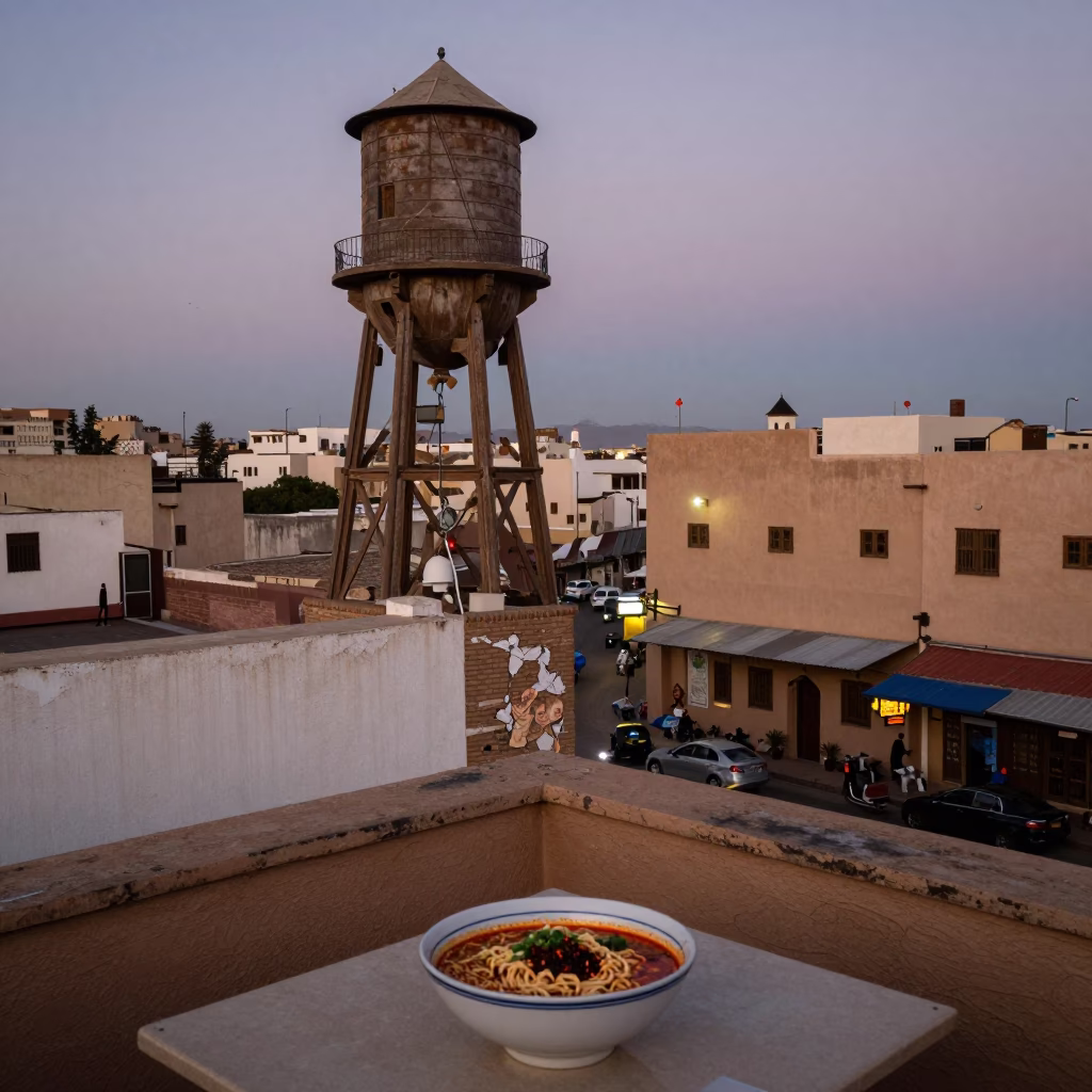 Twilight Street Scene in Casablanca Morocco with Water Tower and Chipped Blue Enamel Details in in Casablanca, Morocco