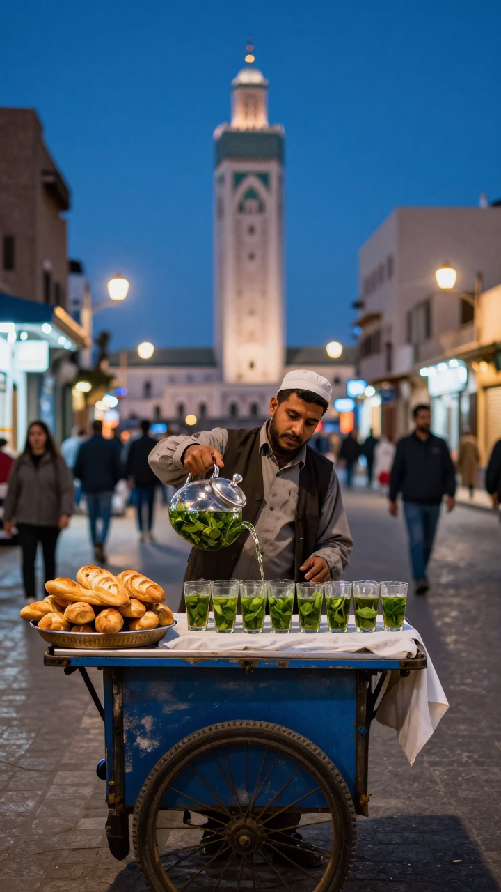 Twilight Street Scene in Casablanca With Tea Seller And Baguettes in in Casablanca, Morocco