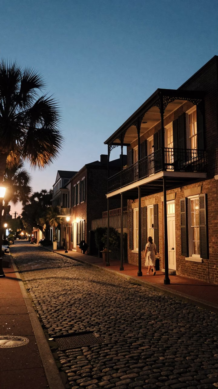 Twilight street scene in Charleston South Carolina with historic architecture and local life in in Charleston, South Carolina, United States