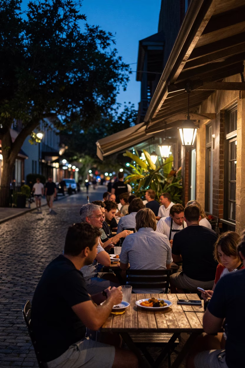 Twilight Street Scene in Charleston South Carolina with Local Dining and Natural Elements in in Charleston, South Carolina, United States