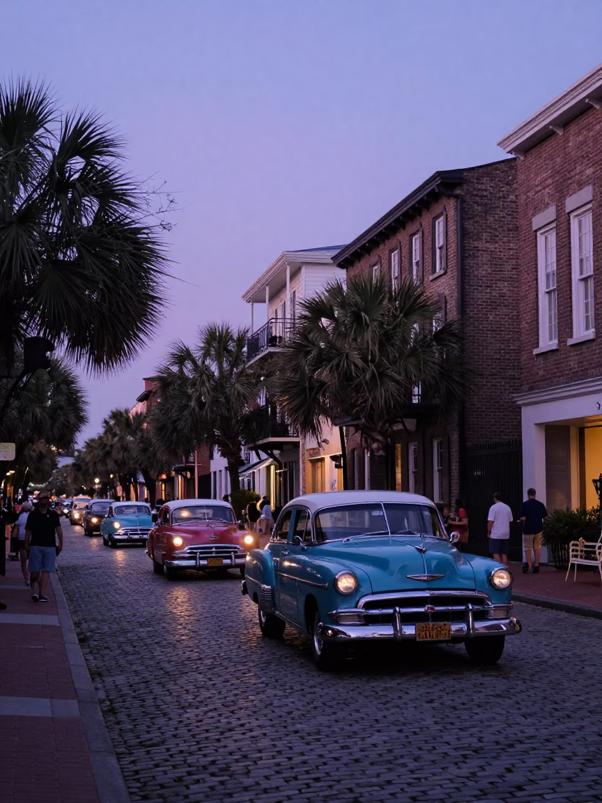 Twilight Street Scene in Charleston South Carolina with Vintage Car Rally and Local Details in in Charleston, South Carolina, United States
